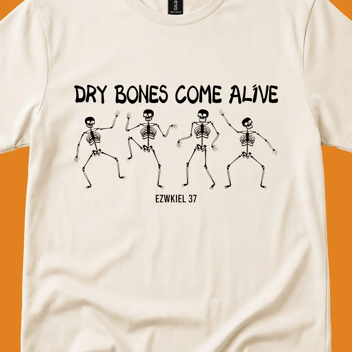 Four dancing skeletons with text 'Dry Bones Come Alive Ezekiel 37', representing the dry bones come alive concept.
