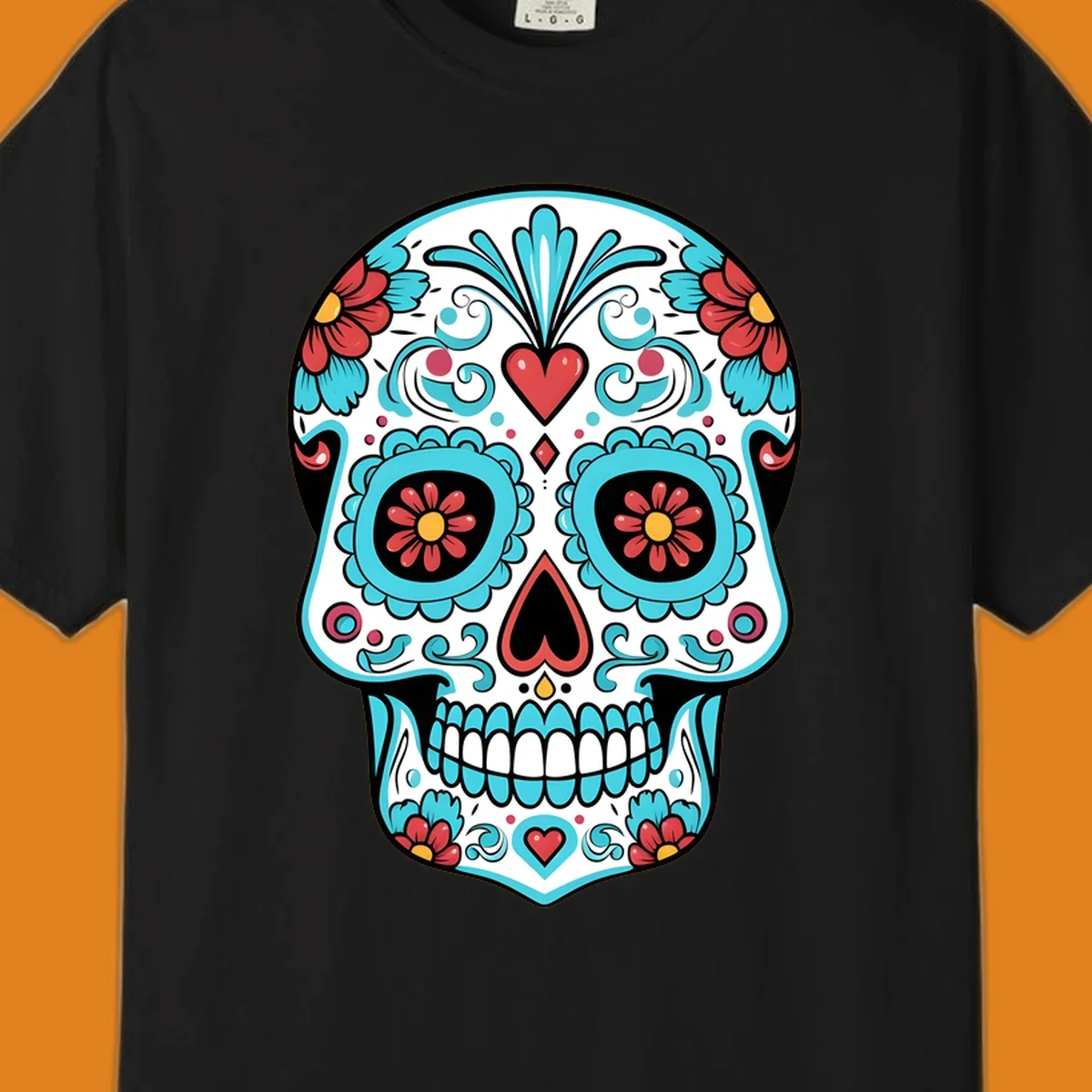 A vibrant calavera sugar skull illustration with teal flowers, red hearts, and yellow accents on a white skull base.