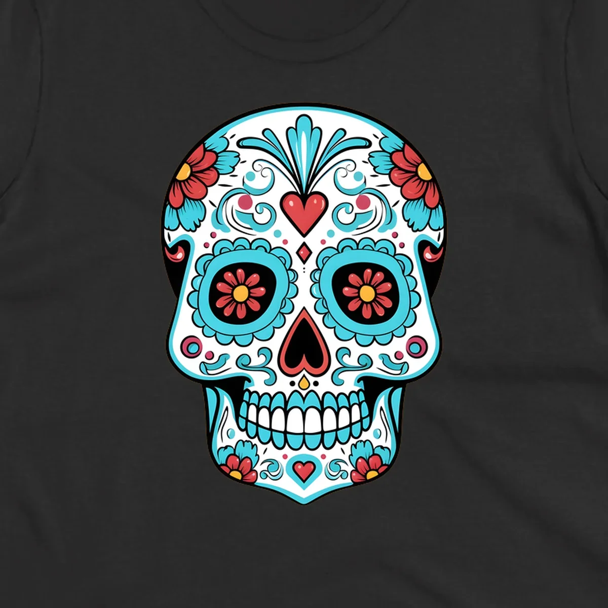 A vibrant calavera sugar skull illustration with teal flowers, red hearts, and yellow accents on a white skull base.