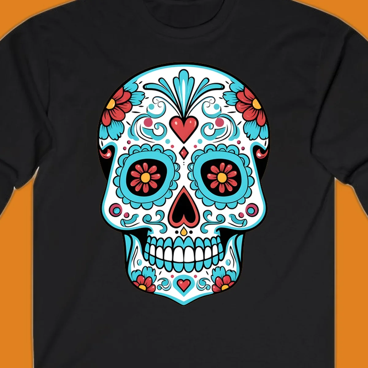 A vibrant calavera sugar skull illustration with teal flowers, red hearts, and yellow accents on a white skull base.