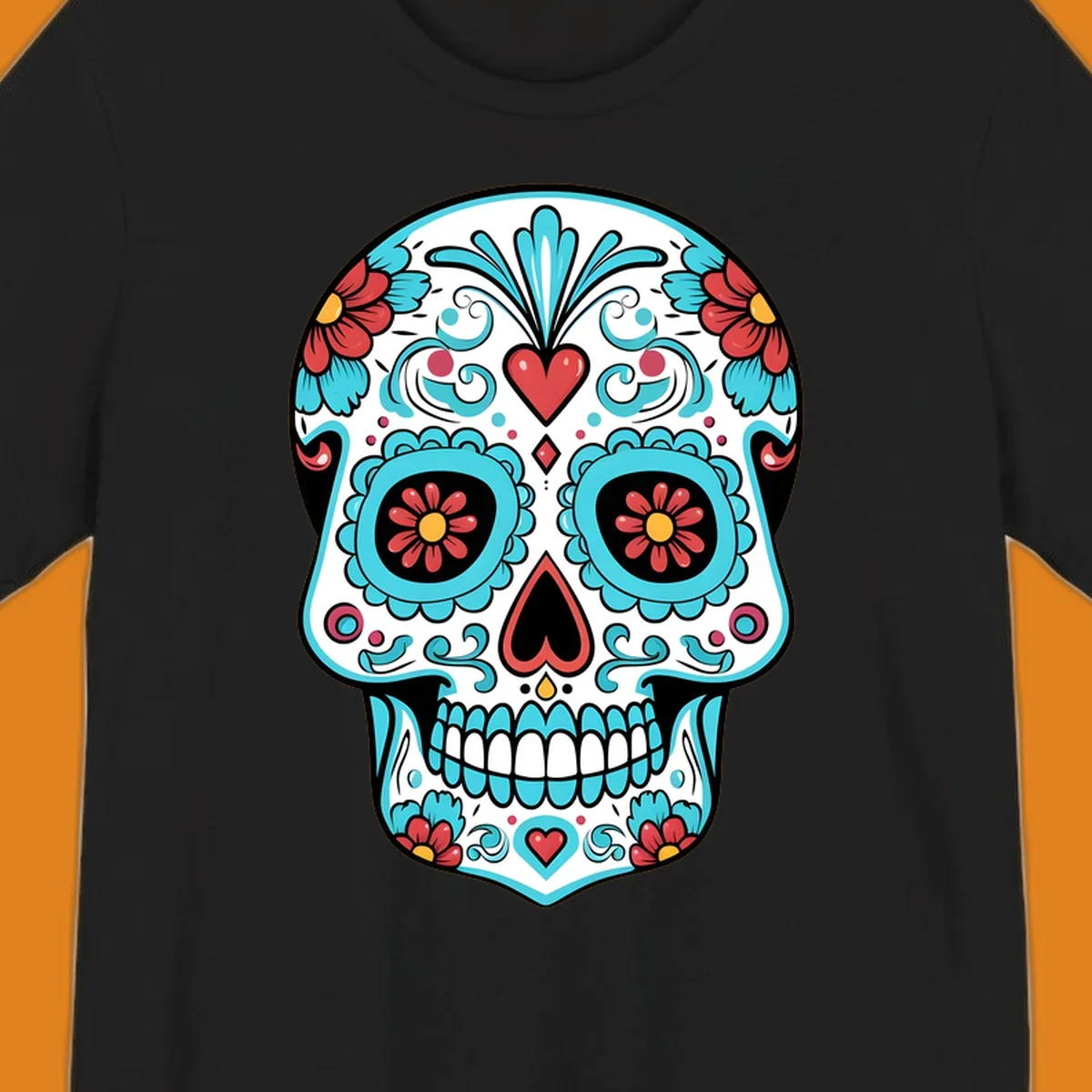 A vibrant calavera sugar skull illustration with teal flowers, red hearts, and yellow accents on a white skull base.