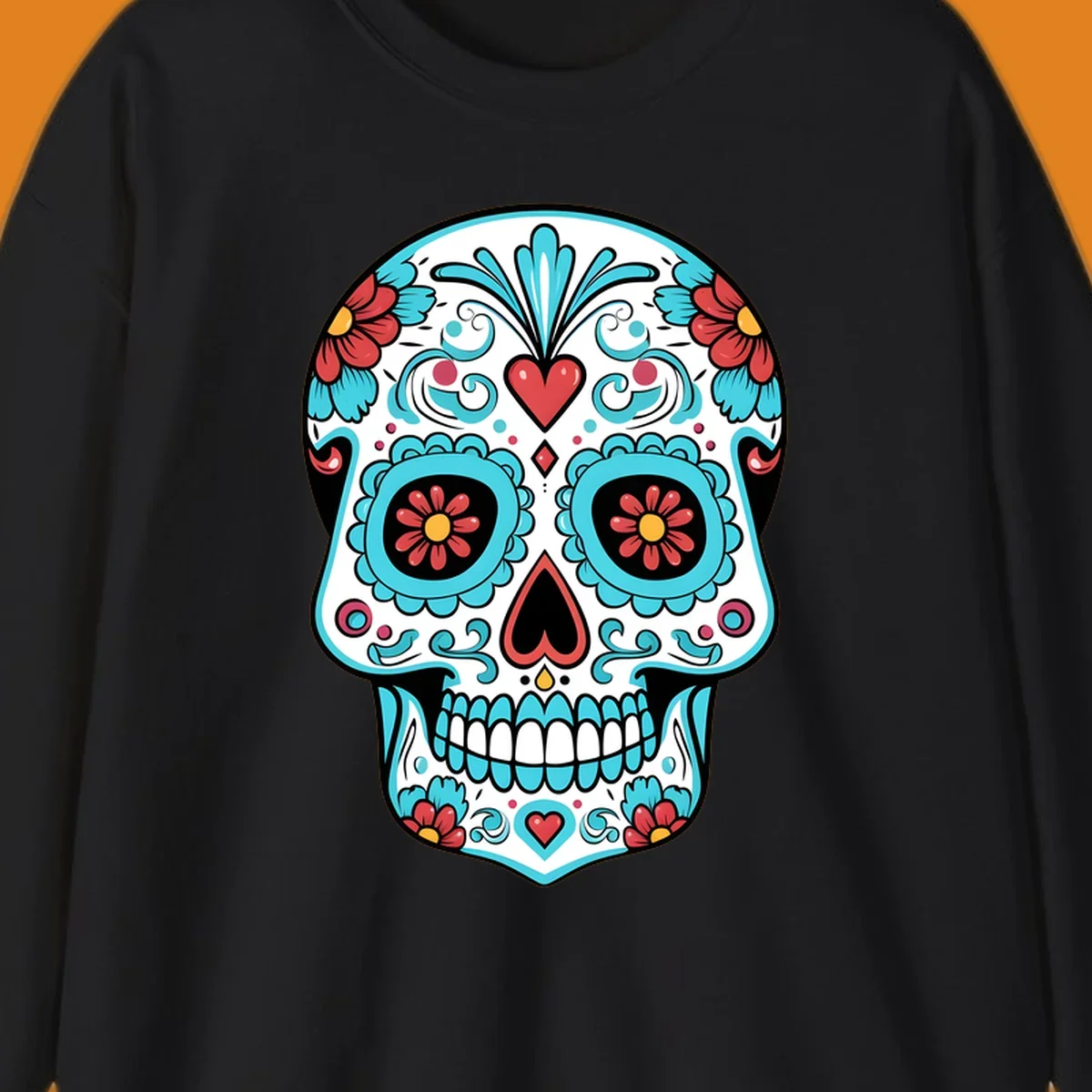 A vibrant calavera sugar skull illustration with teal flowers, red hearts, and yellow accents on a white skull base.