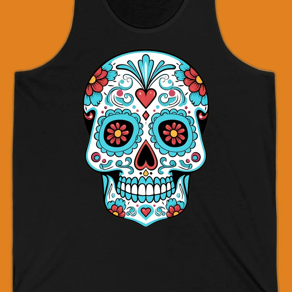 A vibrant calavera sugar skull illustration with teal flowers, red hearts, and yellow accents on a white skull base.
