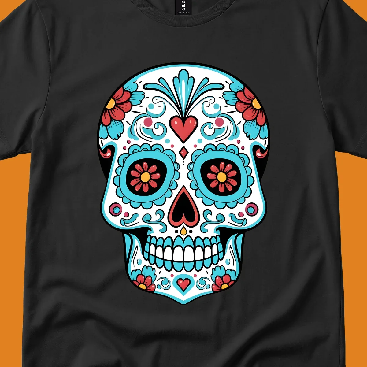 A vibrant calavera sugar skull illustration with teal flowers, red hearts, and yellow accents on a white skull base.