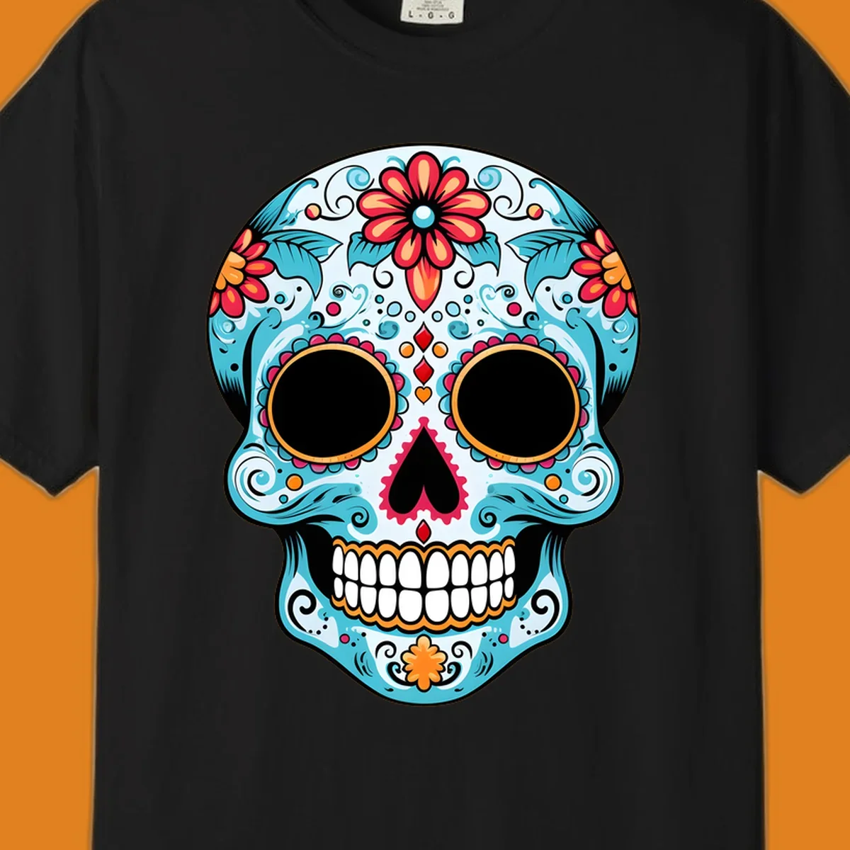 A vibrant floral sugar skull with light blue skin, red and orange flowers, green leaves, and intricate scrollwork, outlined in black.