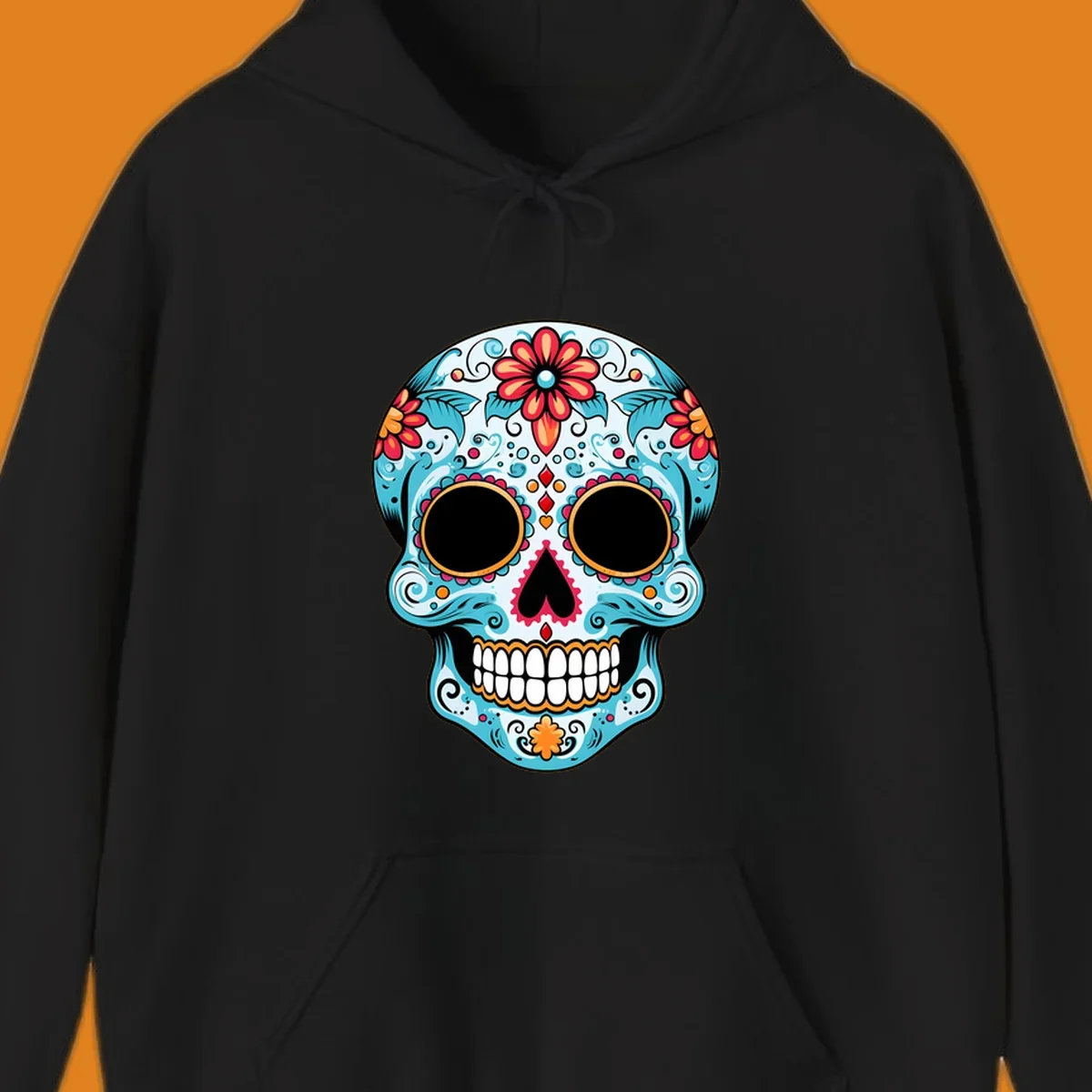 A vibrant floral sugar skull with light blue skin, red and orange flowers, green leaves, and intricate scrollwork, outlined in black.
