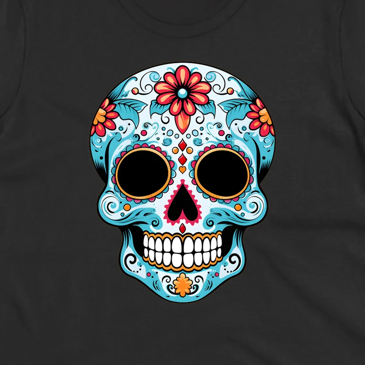 A vibrant floral sugar skull with light blue skin, red and orange flowers, green leaves, and intricate scrollwork, outlined in black.