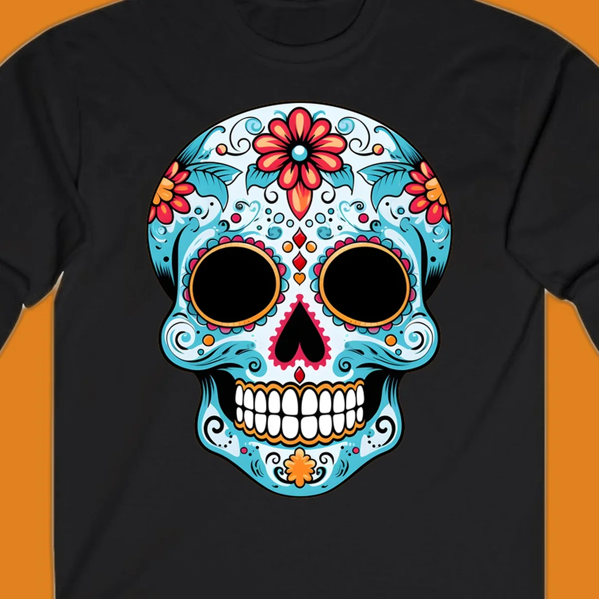 A vibrant floral sugar skull with light blue skin, red and orange flowers, green leaves, and intricate scrollwork, outlined in black.