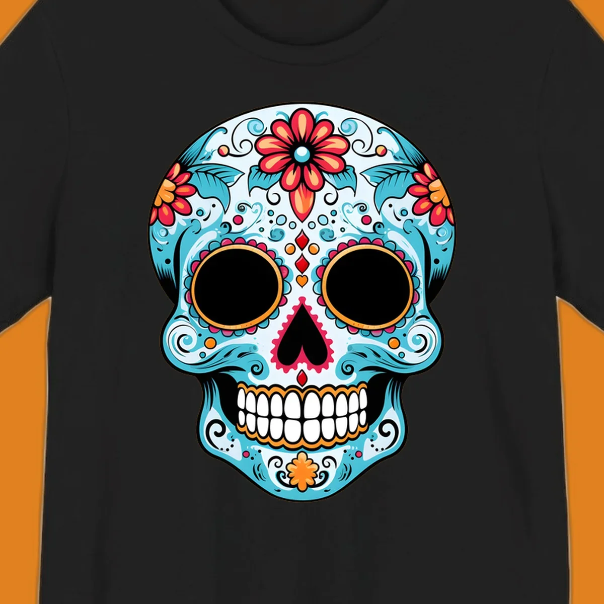 A vibrant floral sugar skull with light blue skin, red and orange flowers, green leaves, and intricate scrollwork, outlined in black.