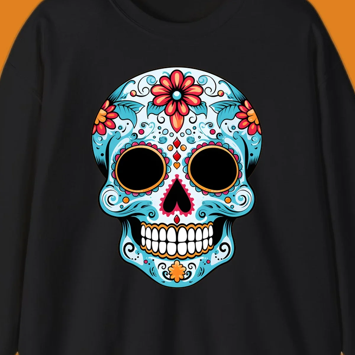 A vibrant floral sugar skull with light blue skin, red and orange flowers, green leaves, and intricate scrollwork, outlined in black.