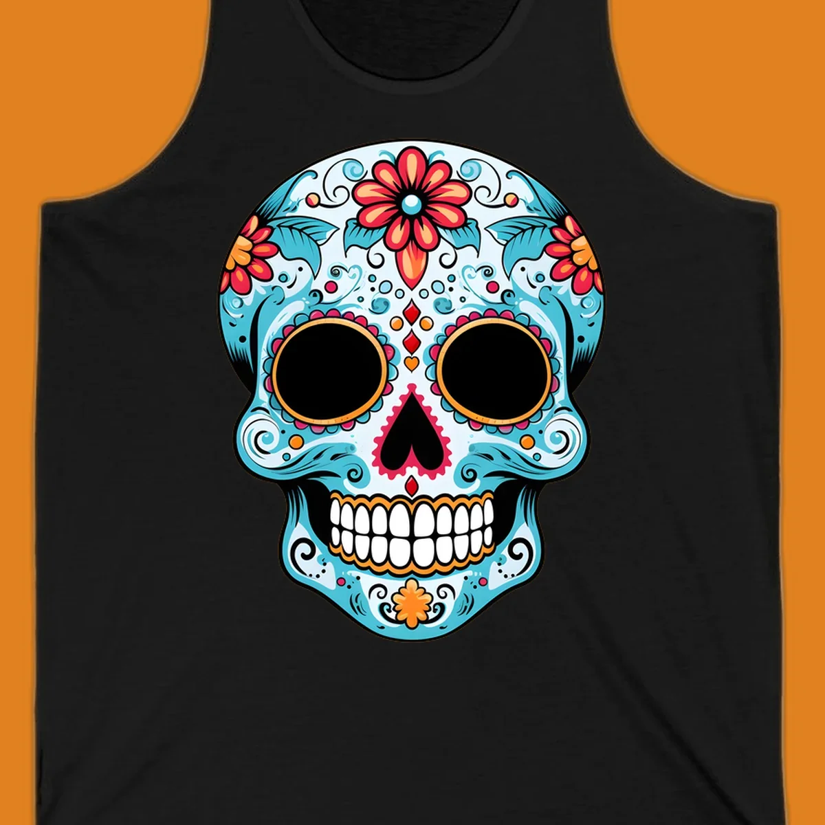 A vibrant floral sugar skull with light blue skin, red and orange flowers, green leaves, and intricate scrollwork, outlined in black.