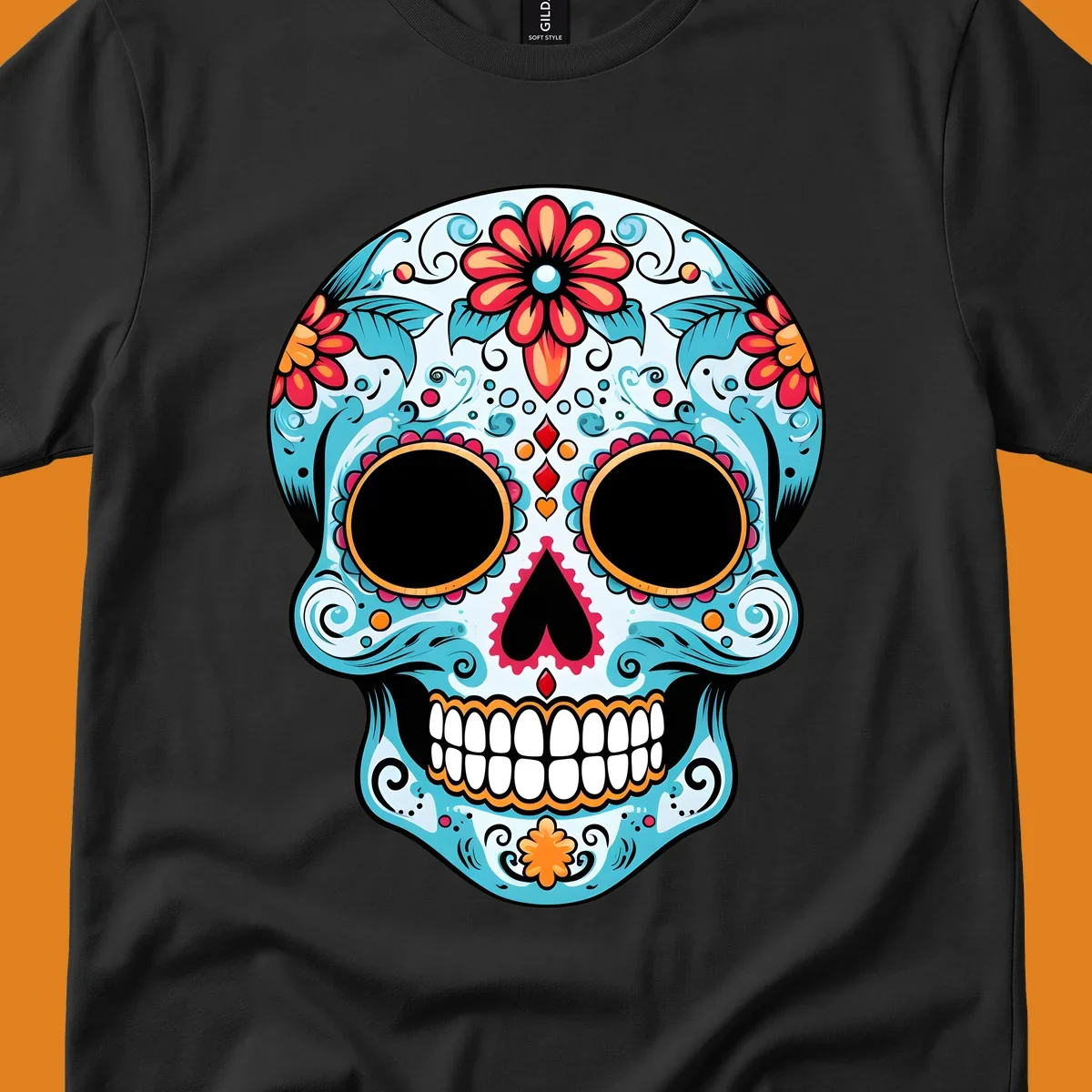 A vibrant floral sugar skull with light blue skin, red and orange flowers, green leaves, and intricate scrollwork, outlined in black.