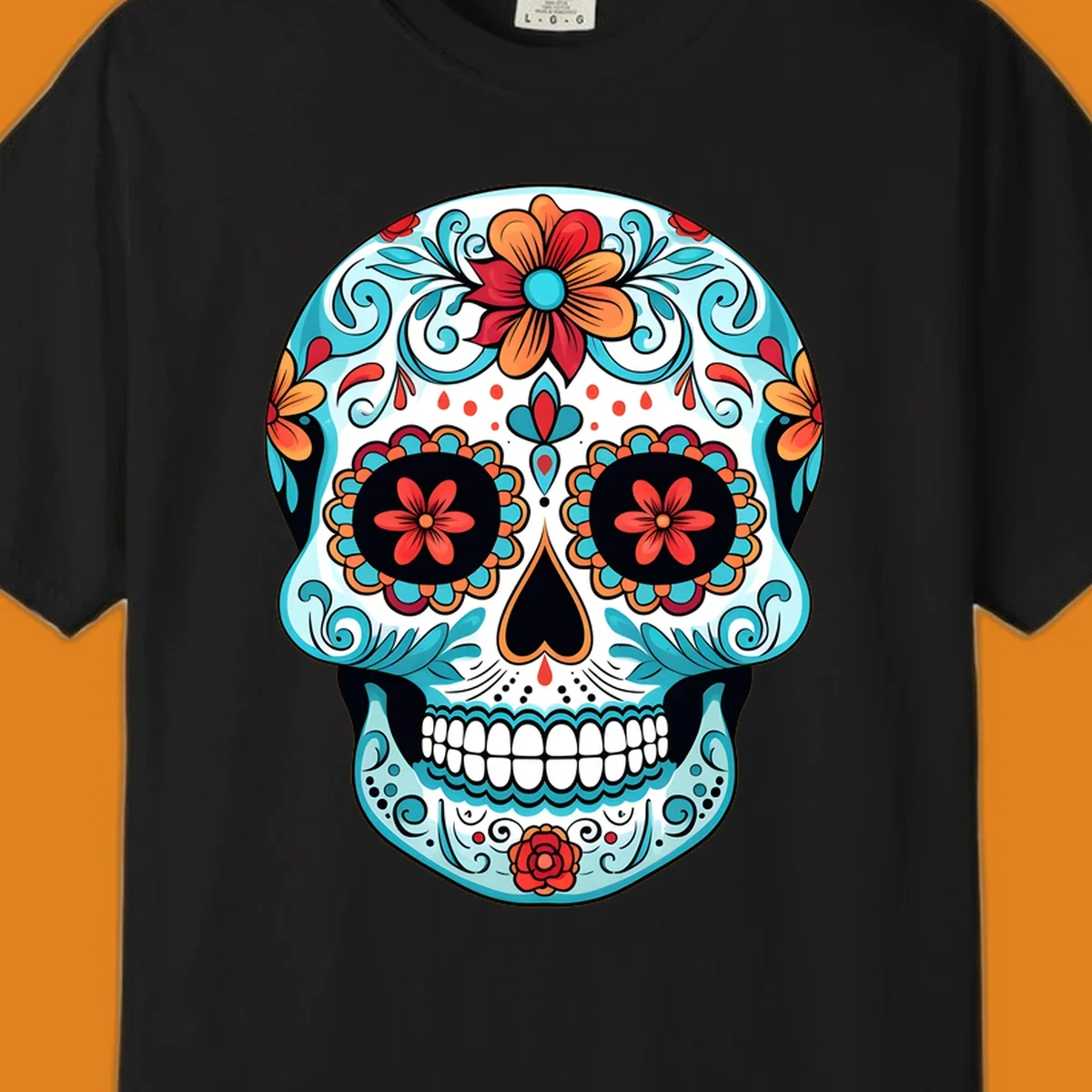 A vibrantly colored floral calavera sugar skull design with blue swirls, orange and red flowers, and black features.