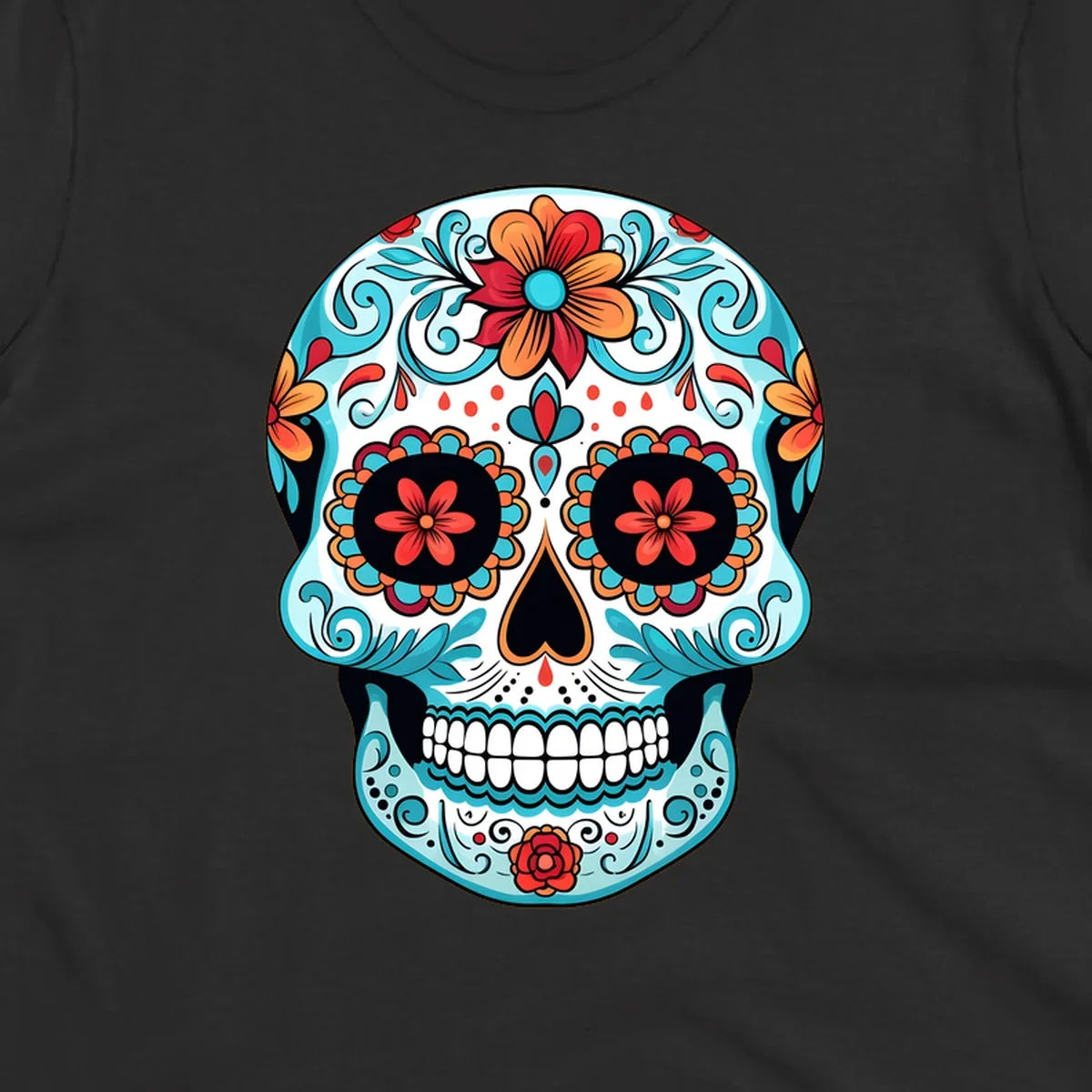 A vibrantly colored floral calavera sugar skull design with blue swirls, orange and red flowers, and black features.