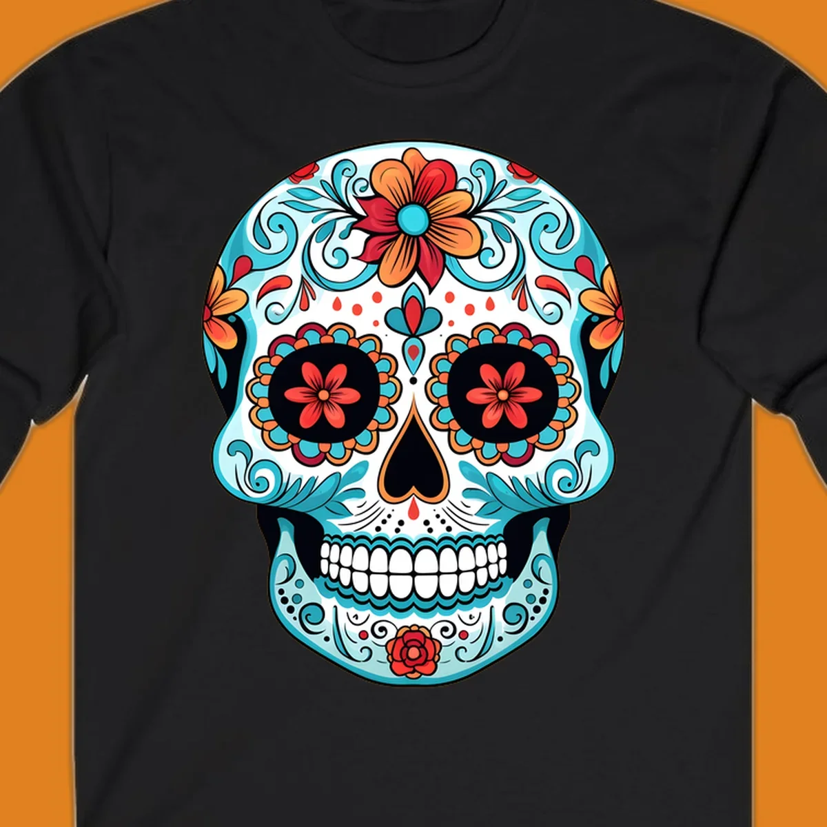 A vibrantly colored floral calavera sugar skull design with blue swirls, orange and red flowers, and black features.