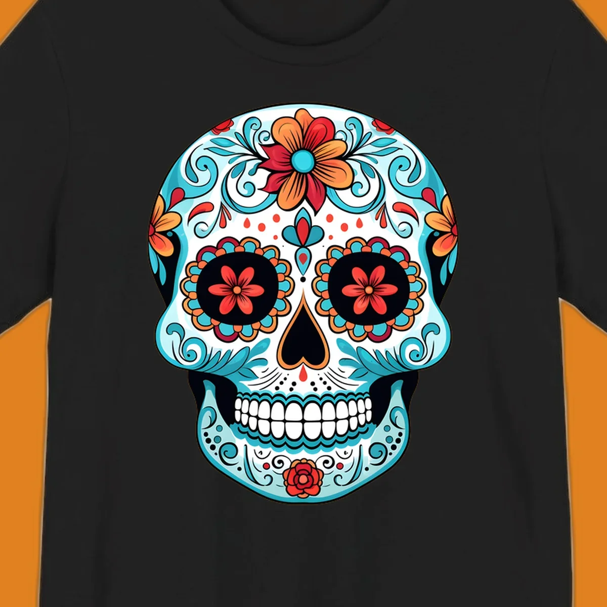 A vibrantly colored floral calavera sugar skull design with blue swirls, orange and red flowers, and black features.