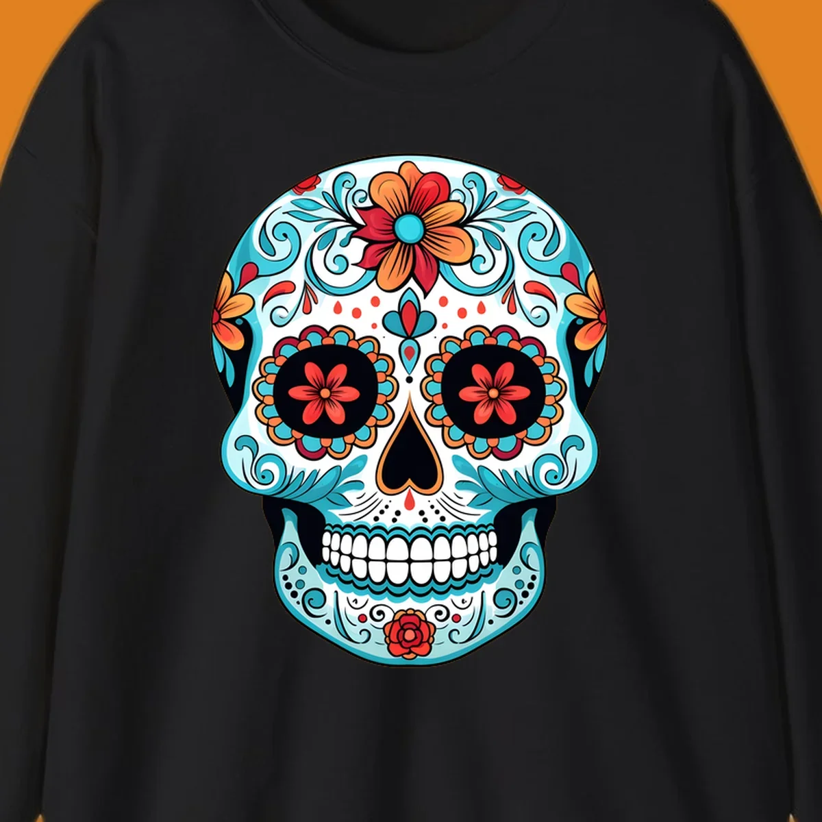 A vibrantly colored floral calavera sugar skull design with blue swirls, orange and red flowers, and black features.