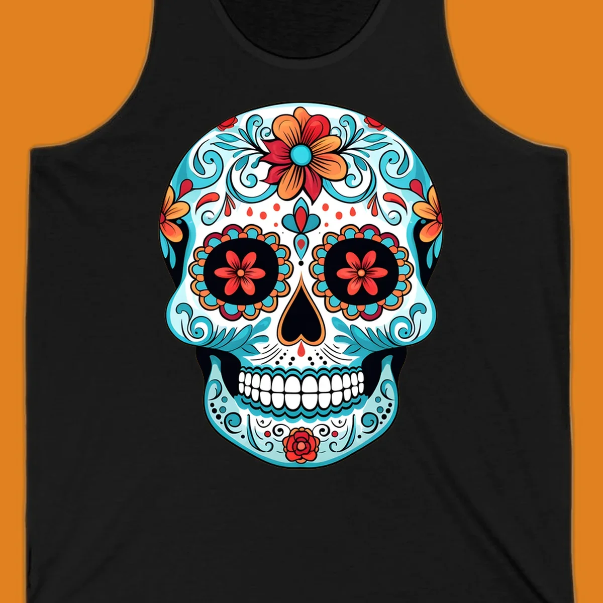 A vibrantly colored floral calavera sugar skull design with blue swirls, orange and red flowers, and black features.