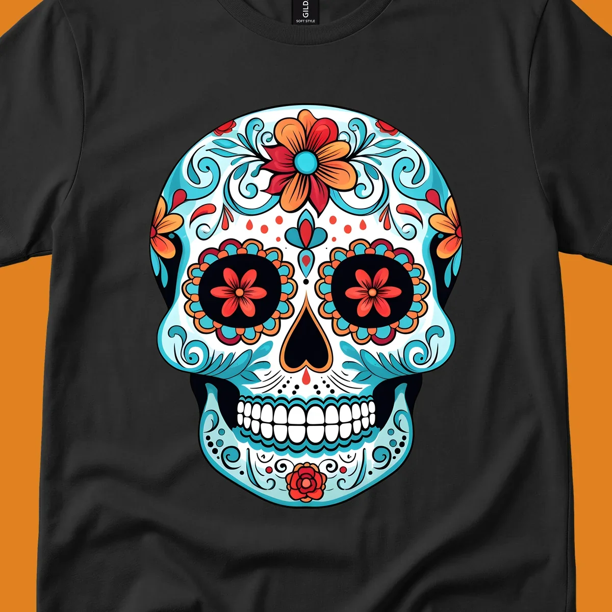 A vibrantly colored floral calavera sugar skull design with blue swirls, orange and red flowers, and black features.