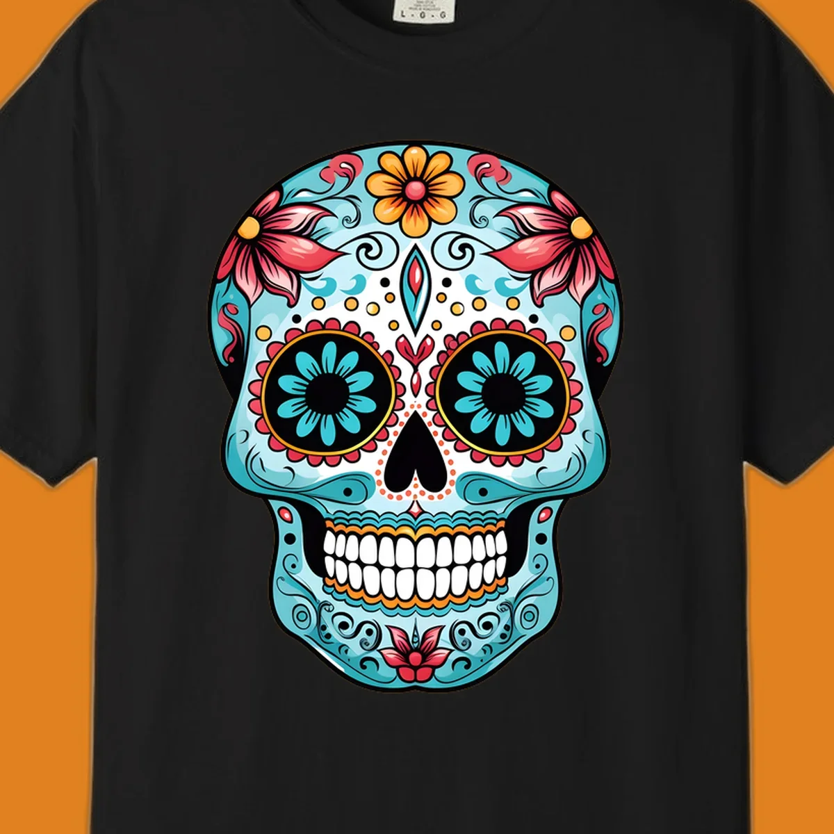 A vibrantly colored floral calavera sugar skull illustration with teal eye flowers and pink accents.