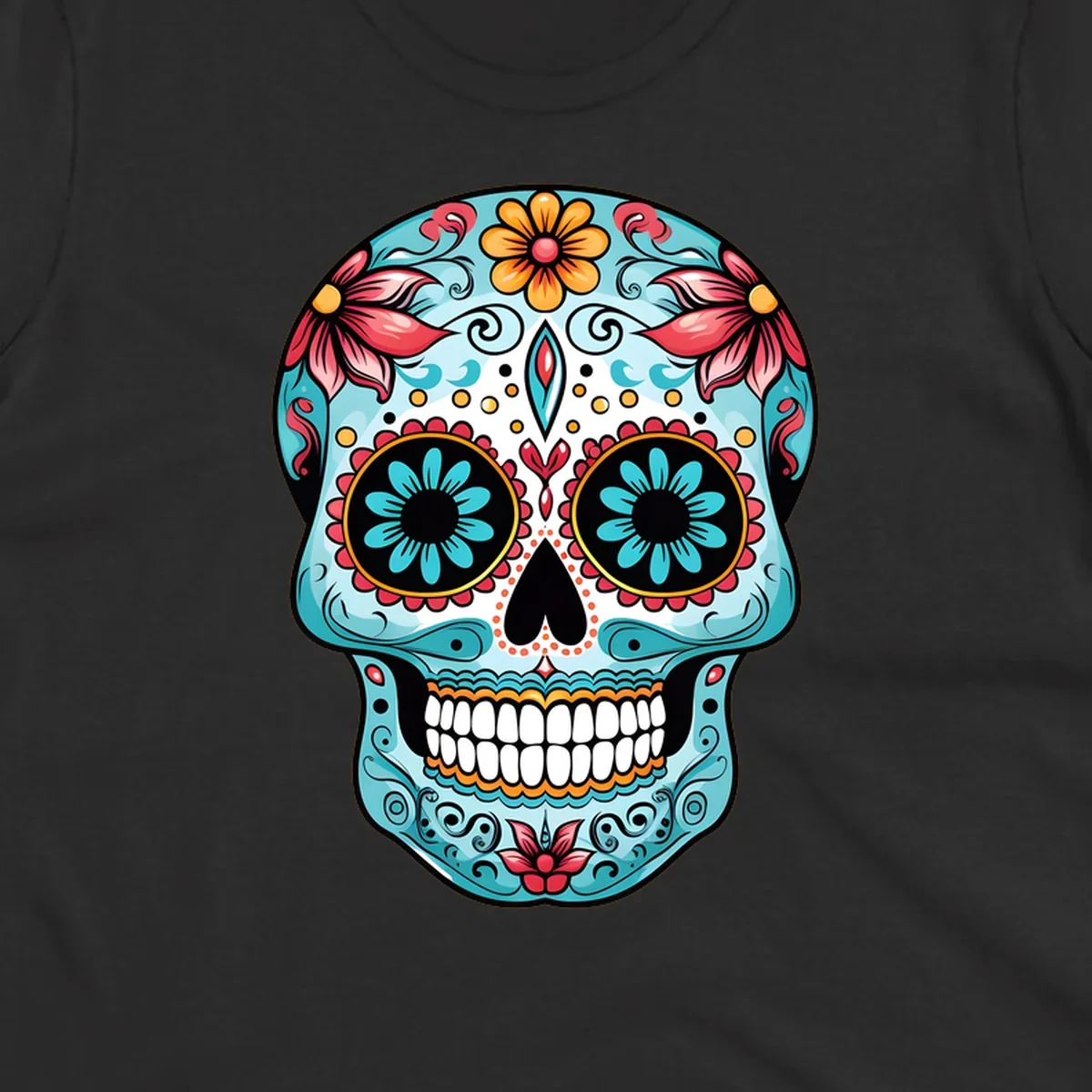A vibrantly colored floral calavera sugar skull illustration with teal eye flowers and pink accents.