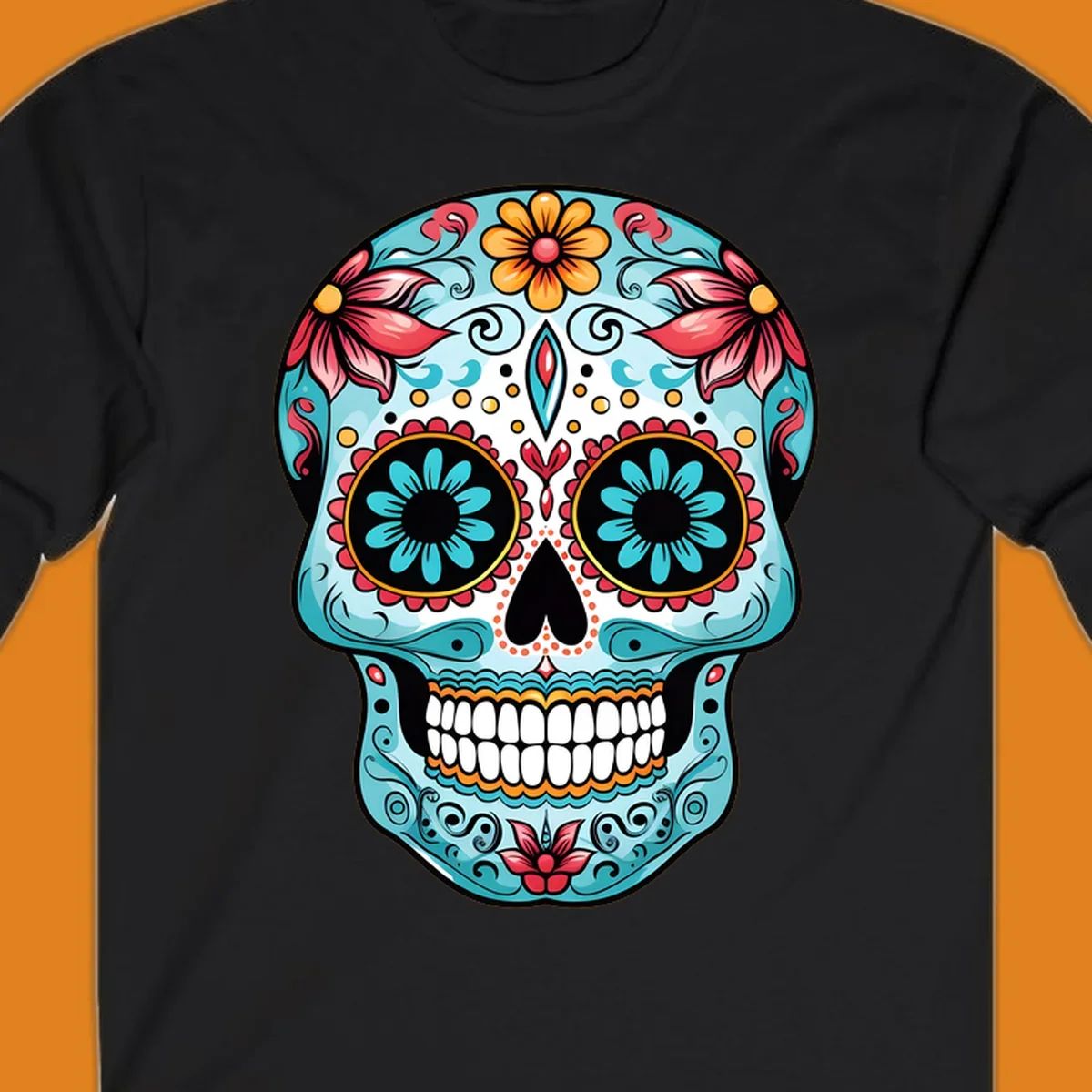 A vibrantly colored floral calavera sugar skull illustration with teal eye flowers and pink accents.