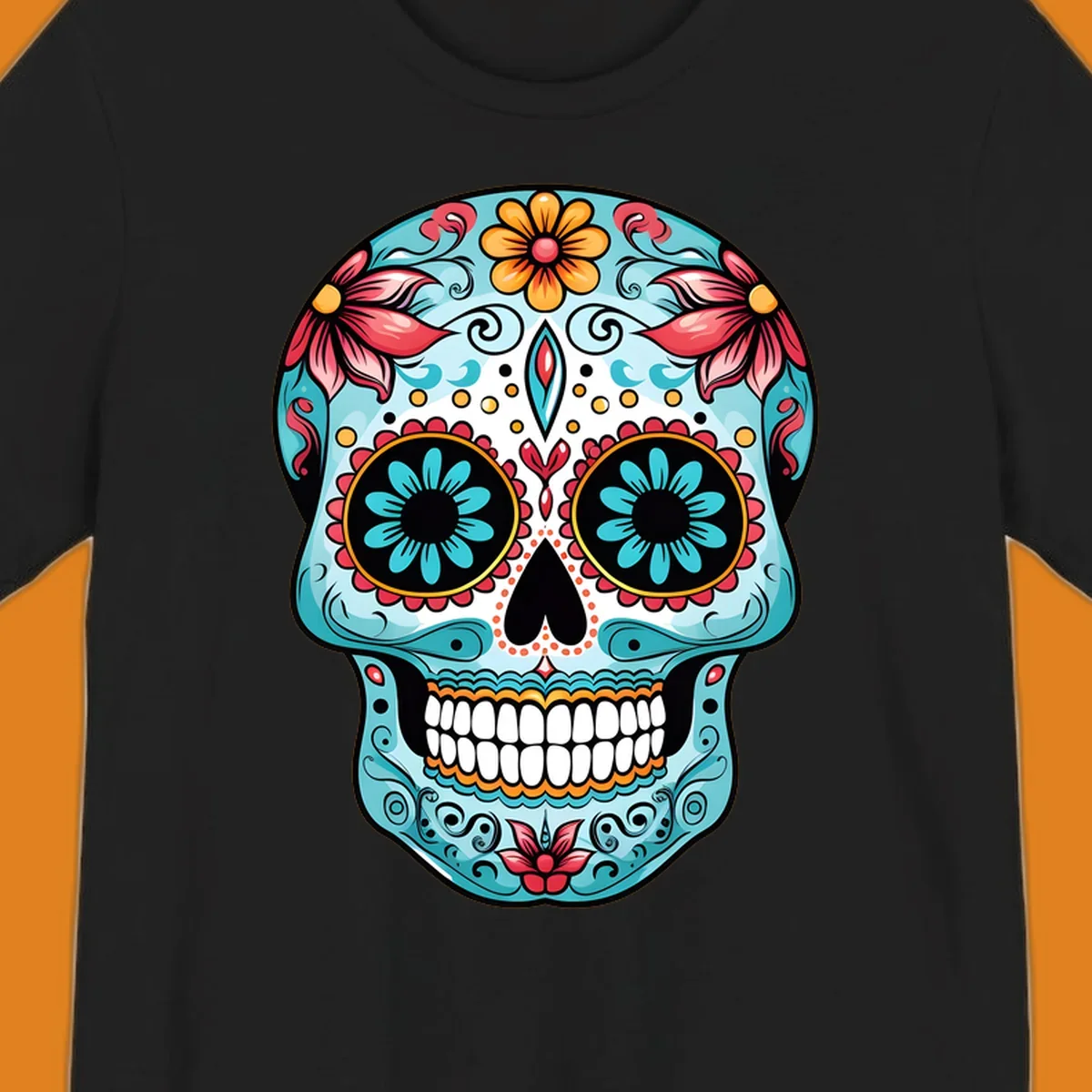 A vibrantly colored floral calavera sugar skull illustration with teal eye flowers and pink accents.