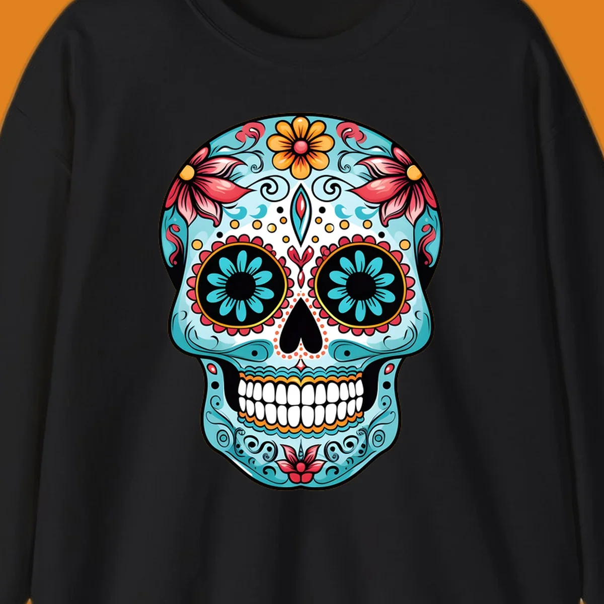 A vibrantly colored floral calavera sugar skull illustration with teal eye flowers and pink accents.