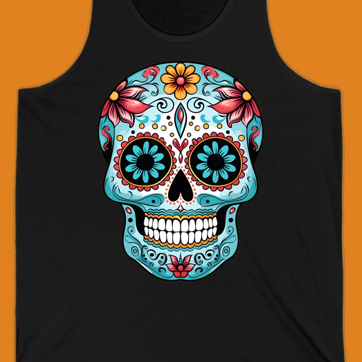 A vibrantly colored floral calavera sugar skull illustration with teal eye flowers and pink accents.