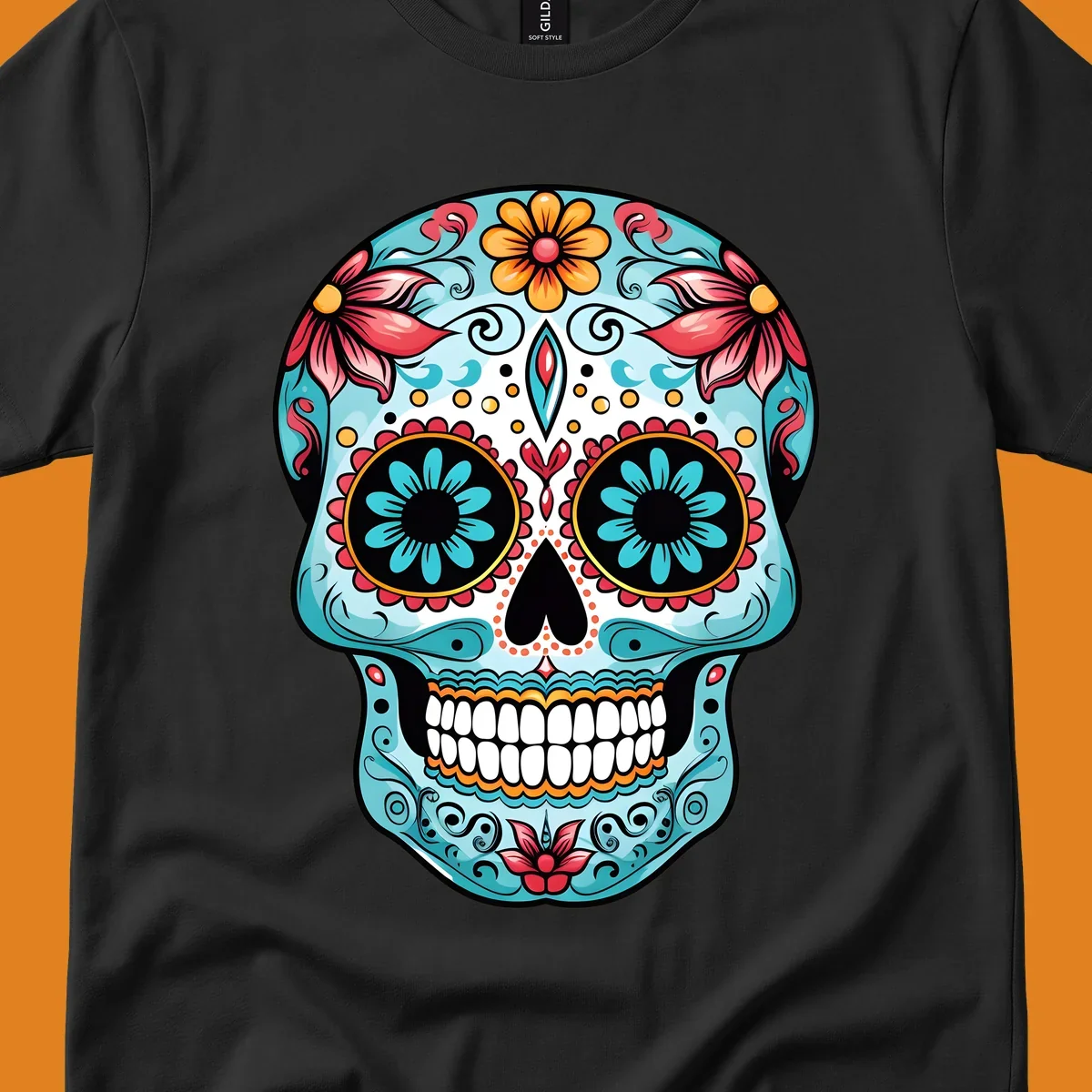 A vibrantly colored floral calavera sugar skull illustration with teal eye flowers and pink accents.