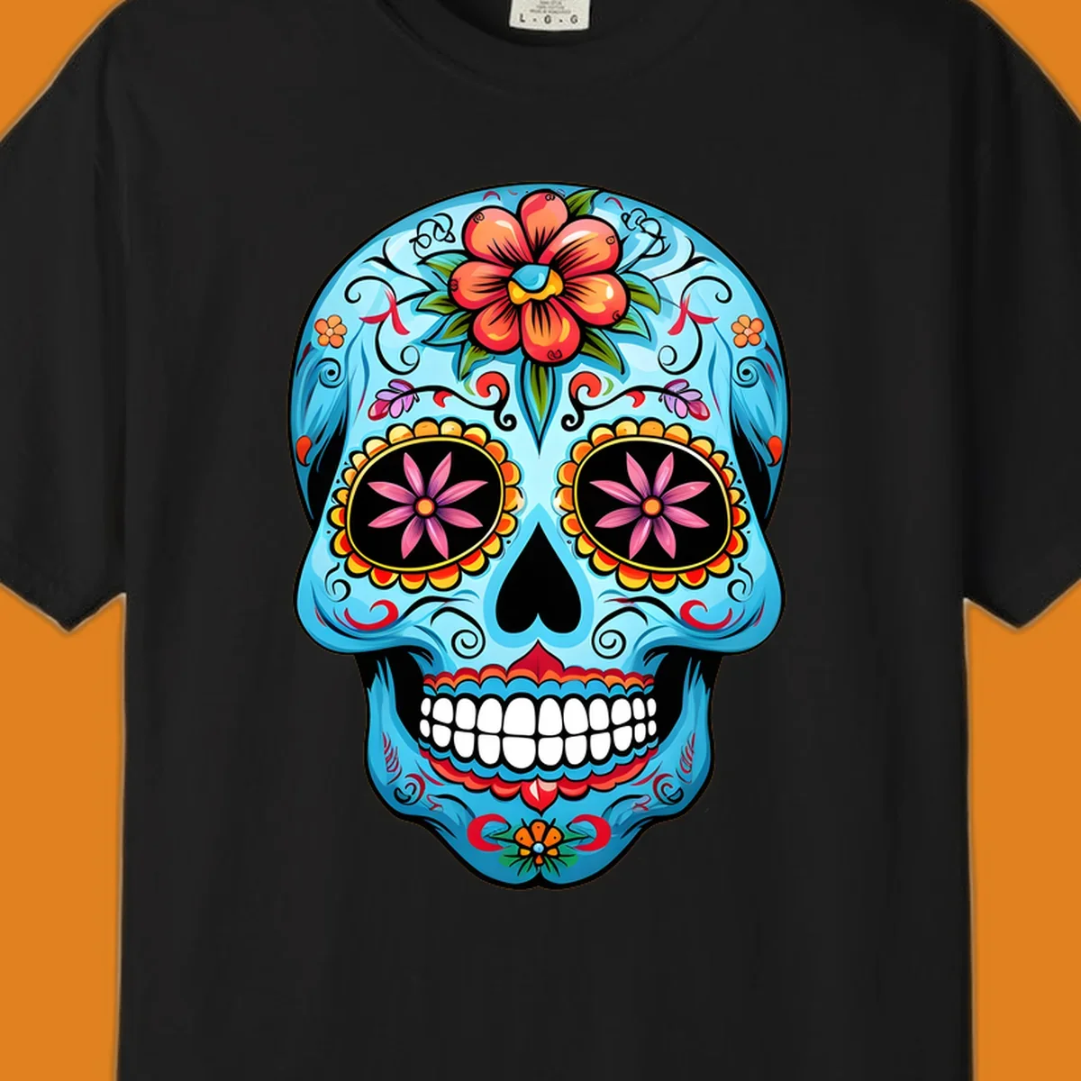 A vibrant light blue sugar skull, or calavera, decorated with orange, red, pink, and yellow flowers and intricate scrollwork.