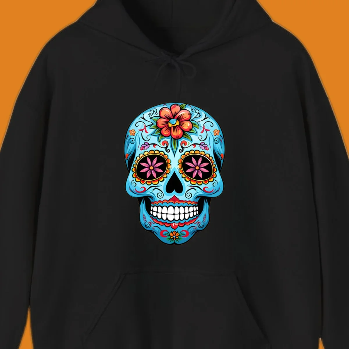 A vibrant light blue sugar skull, or calavera, decorated with orange, red, pink, and yellow flowers and intricate scrollwork.