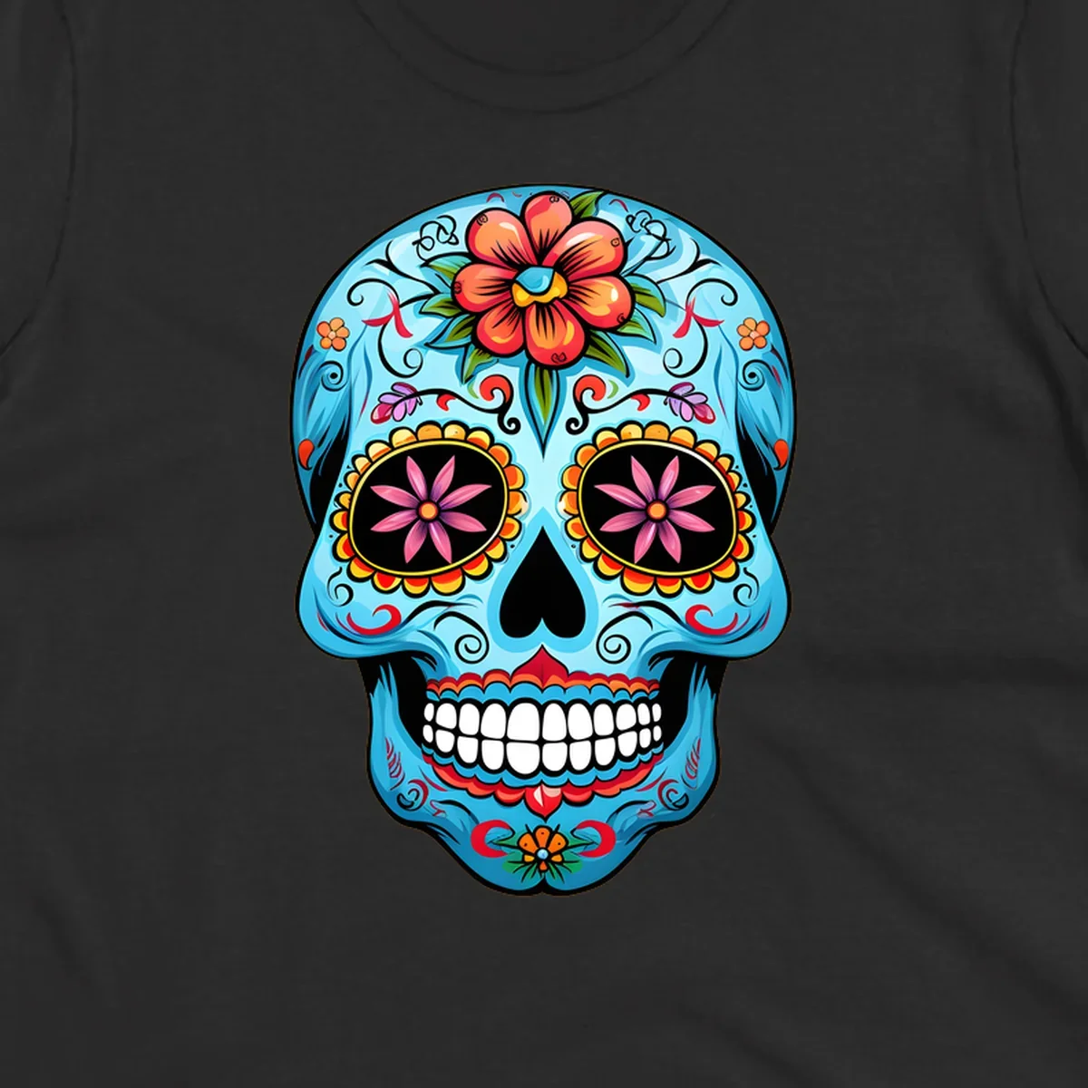 A vibrant light blue sugar skull, or calavera, decorated with orange, red, pink, and yellow flowers and intricate scrollwork.