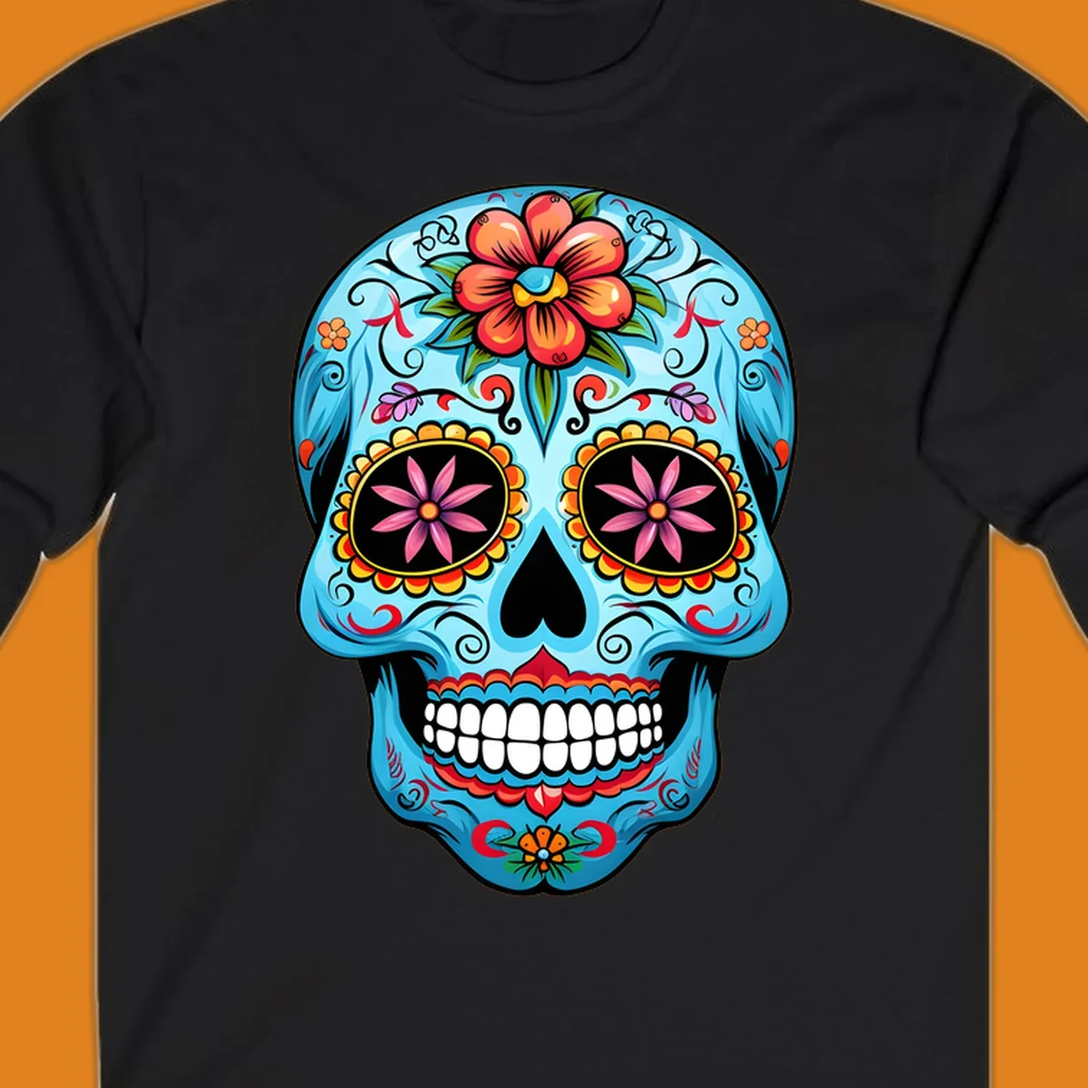 A vibrant light blue sugar skull, or calavera, decorated with orange, red, pink, and yellow flowers and intricate scrollwork.