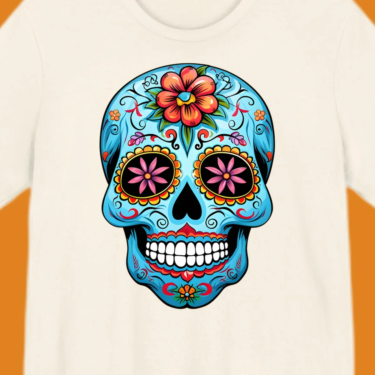 A vibrant light blue sugar skull, or calavera, decorated with orange, red, pink, and yellow flowers and intricate scrollwork.