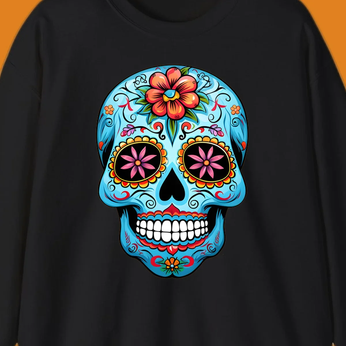 A vibrant light blue sugar skull, or calavera, decorated with orange, red, pink, and yellow flowers and intricate scrollwork.