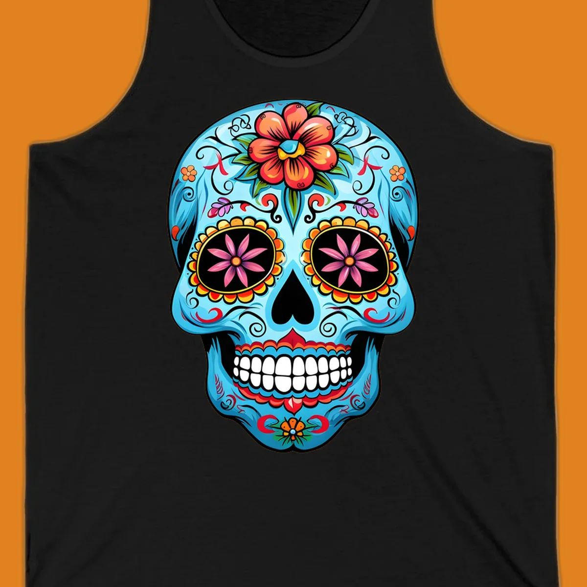 A vibrant light blue sugar skull, or calavera, decorated with orange, red, pink, and yellow flowers and intricate scrollwork.
