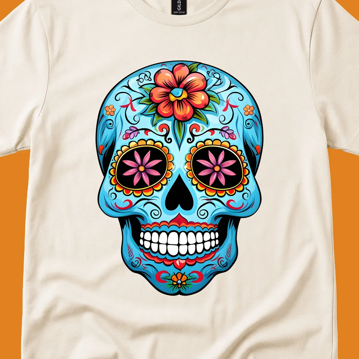 A vibrant light blue sugar skull, or calavera, decorated with orange, red, pink, and yellow flowers and intricate scrollwork.