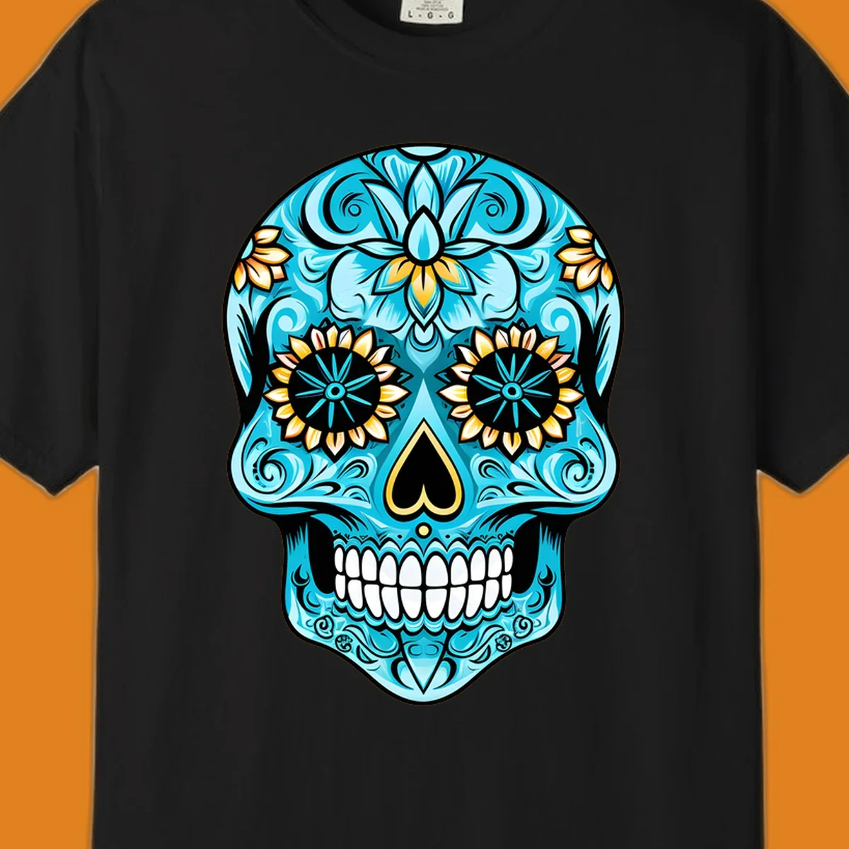 A vibrant turquoise sugar skull illustration with golden sunflower eyes, a black heart nose, and intricate floral patterns.