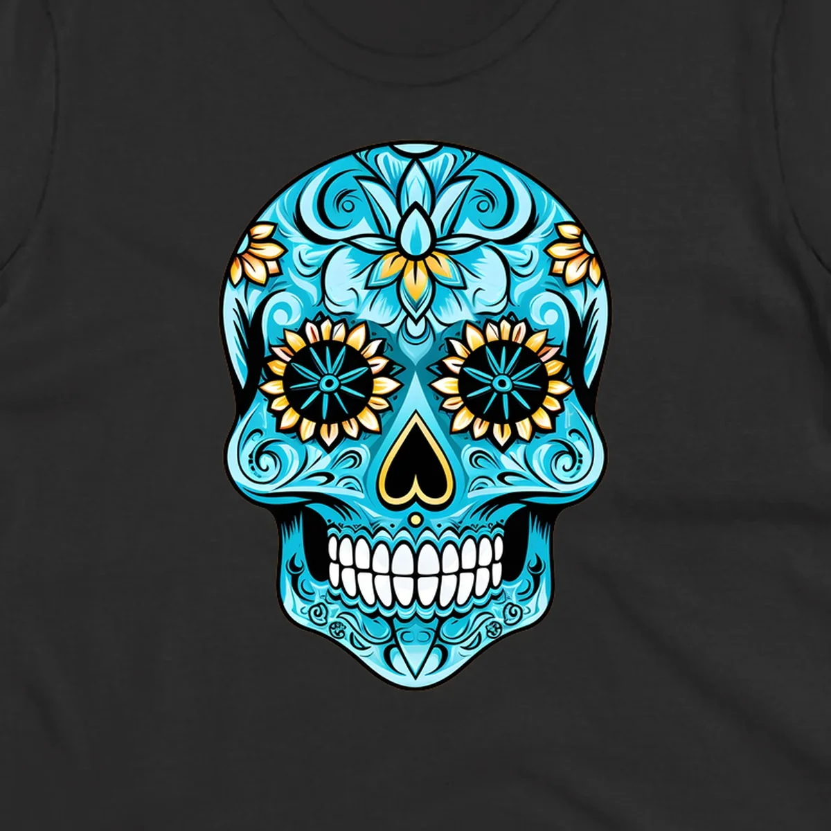 A vibrant turquoise sugar skull illustration with golden sunflower eyes, a black heart nose, and intricate floral patterns.