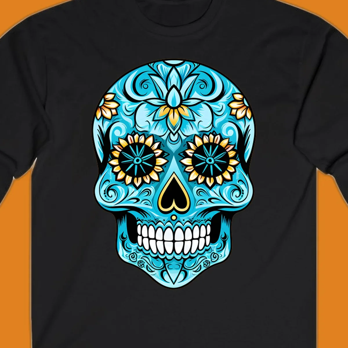 A vibrant turquoise sugar skull illustration with golden sunflower eyes, a black heart nose, and intricate floral patterns.