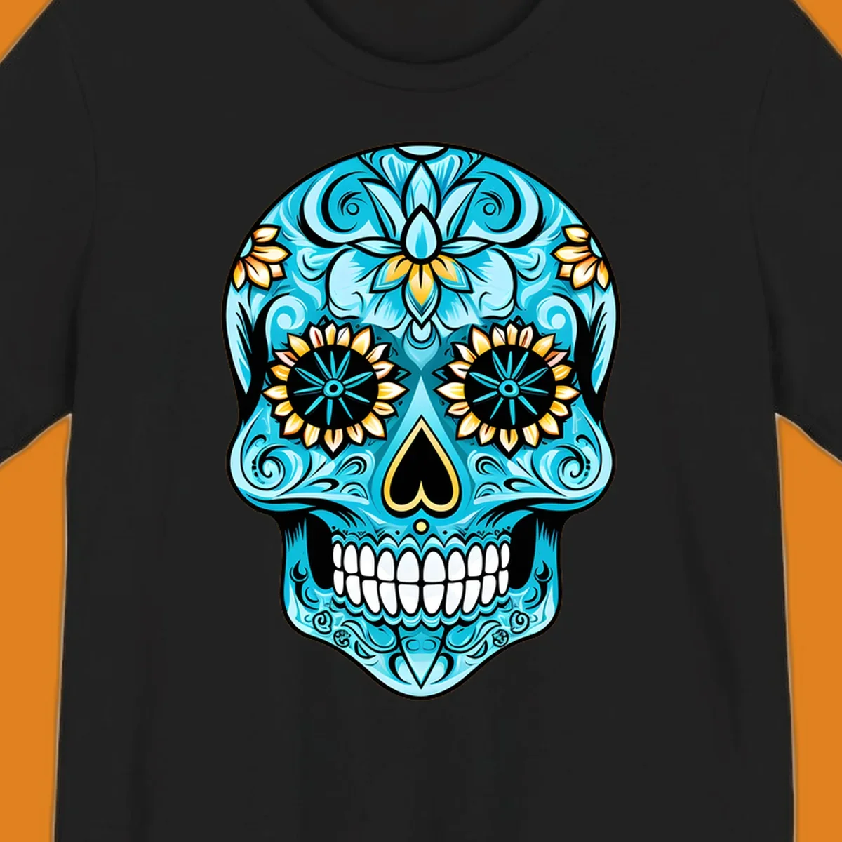A vibrant turquoise sugar skull illustration with golden sunflower eyes, a black heart nose, and intricate floral patterns.
