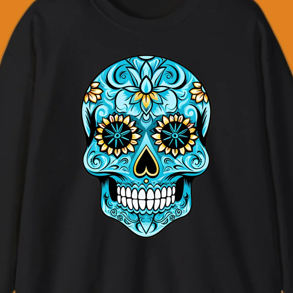 A vibrant turquoise sugar skull illustration with golden sunflower eyes, a black heart nose, and intricate floral patterns.