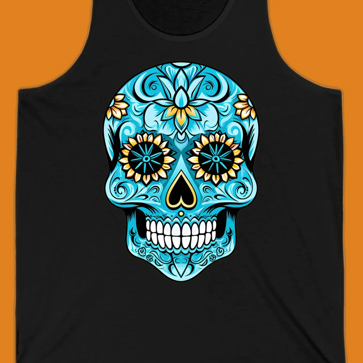 A vibrant turquoise sugar skull illustration with golden sunflower eyes, a black heart nose, and intricate floral patterns.