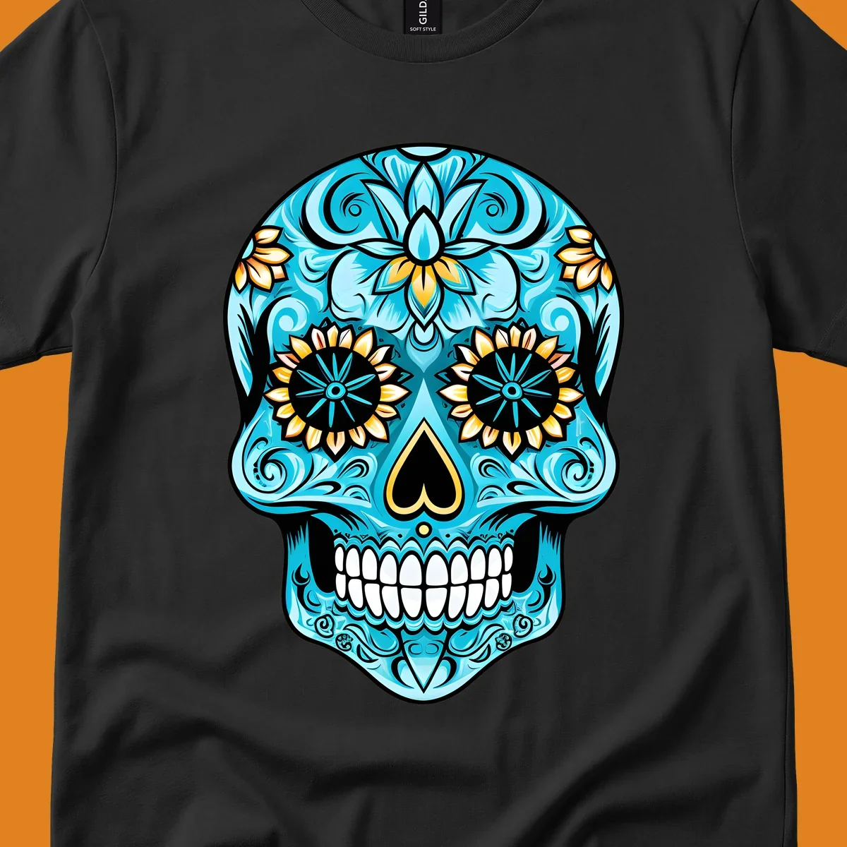 A vibrant turquoise sugar skull illustration with golden sunflower eyes, a black heart nose, and intricate floral patterns.