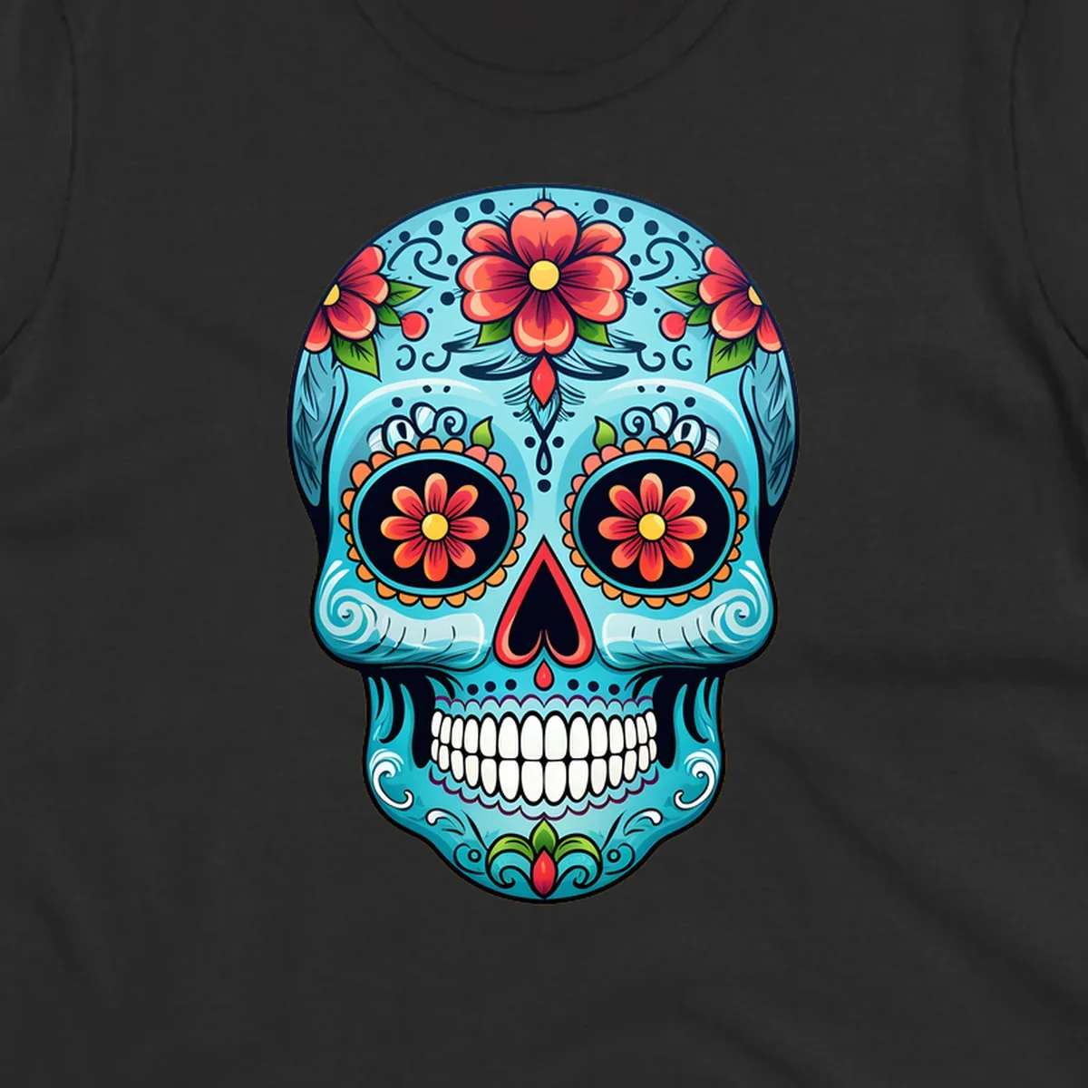A vibrant sugar-skull-calavera illustration with intricate blue, red, orange, yellow, and green floral patterns.