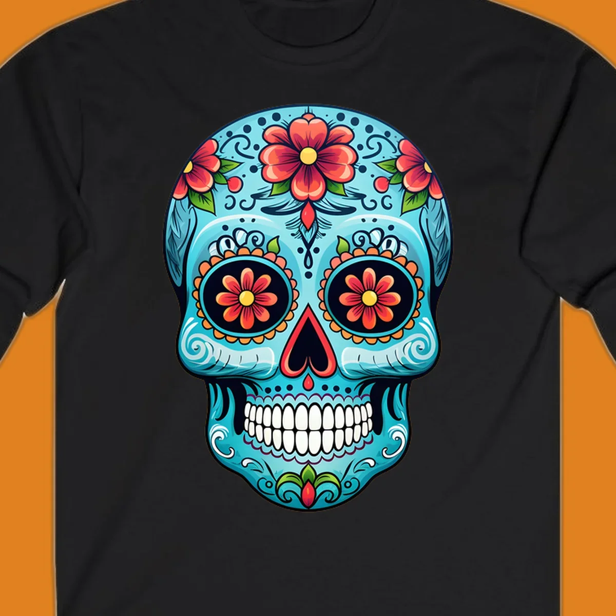 A vibrant sugar-skull-calavera illustration with intricate blue, red, orange, yellow, and green floral patterns.
