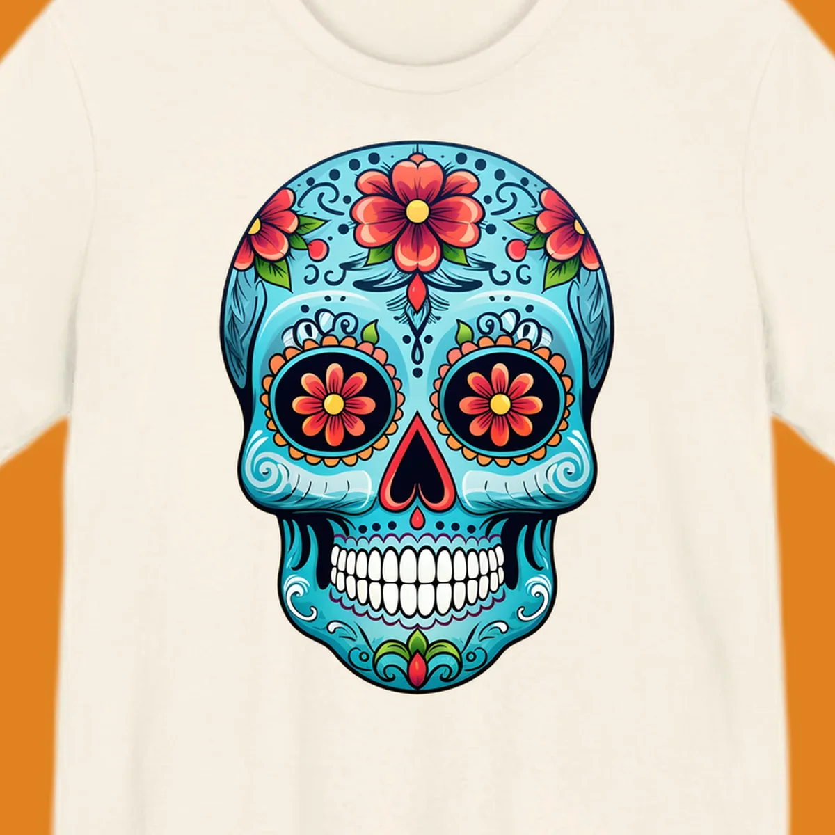 A vibrant sugar-skull-calavera illustration with intricate blue, red, orange, yellow, and green floral patterns.