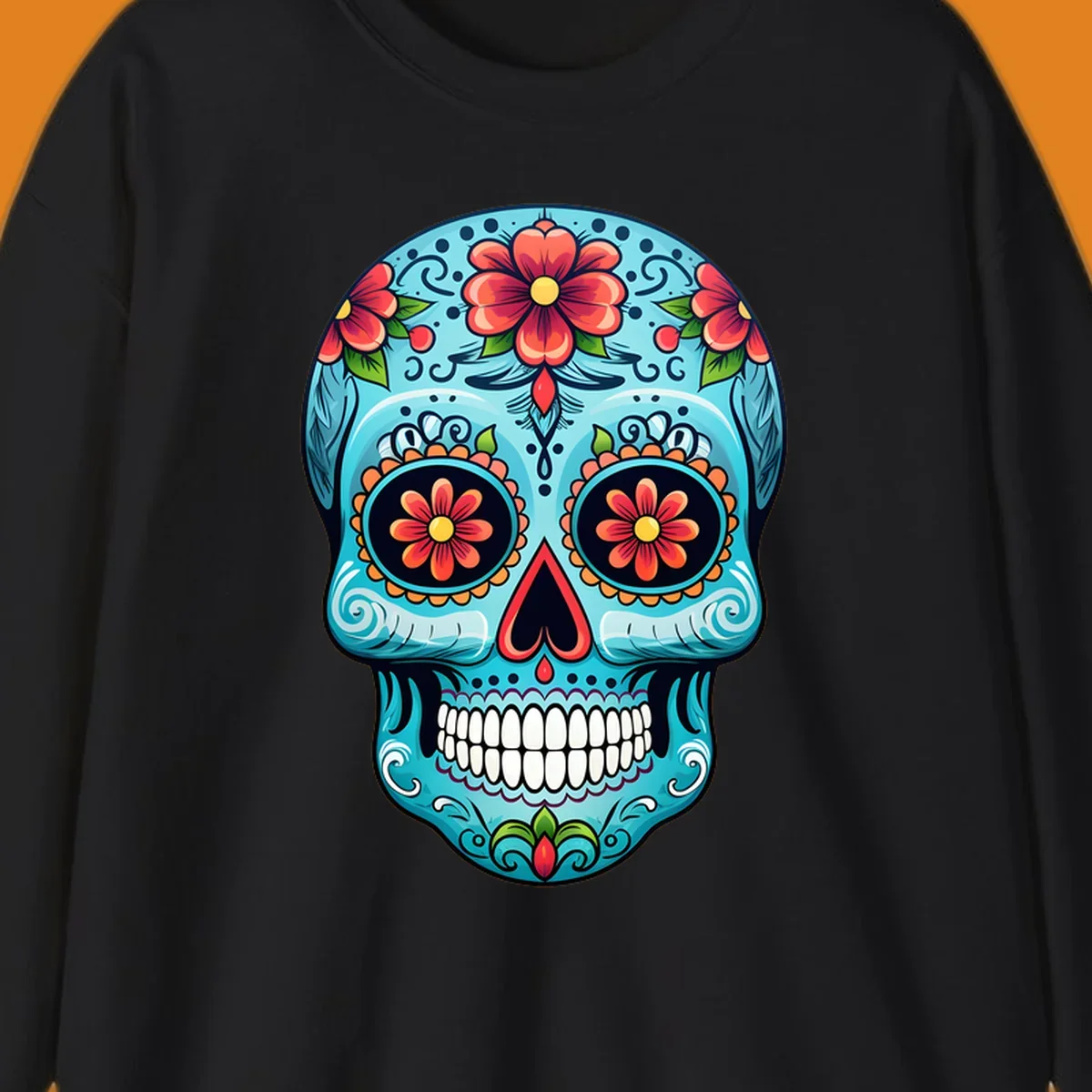 A vibrant sugar-skull-calavera illustration with intricate blue, red, orange, yellow, and green floral patterns.