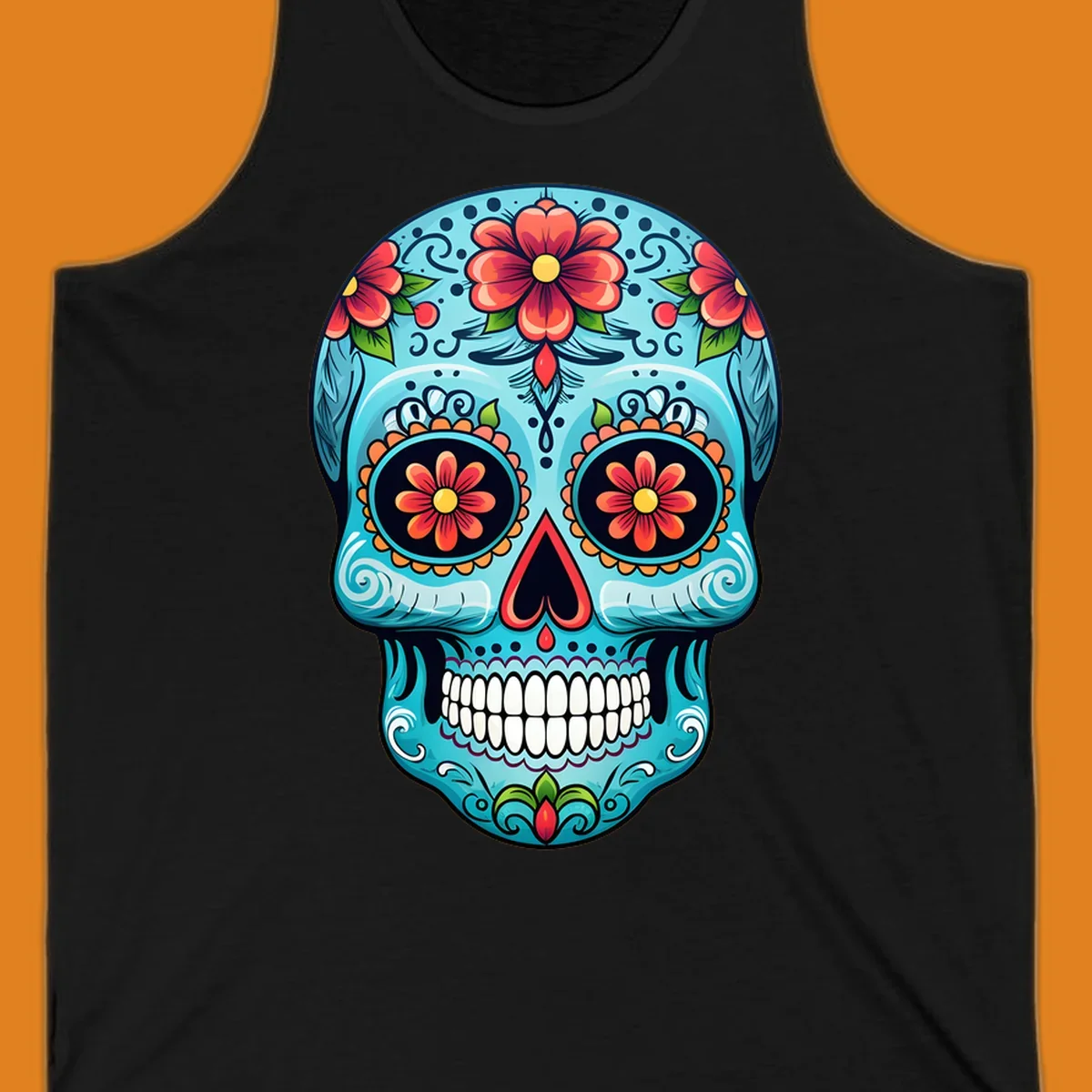 A vibrant sugar-skull-calavera illustration with intricate blue, red, orange, yellow, and green floral patterns.